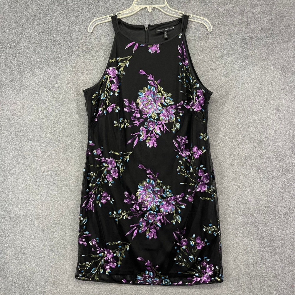 White House Black Market Dress Womens 12 Black Sequin Floral Halter Shift Party